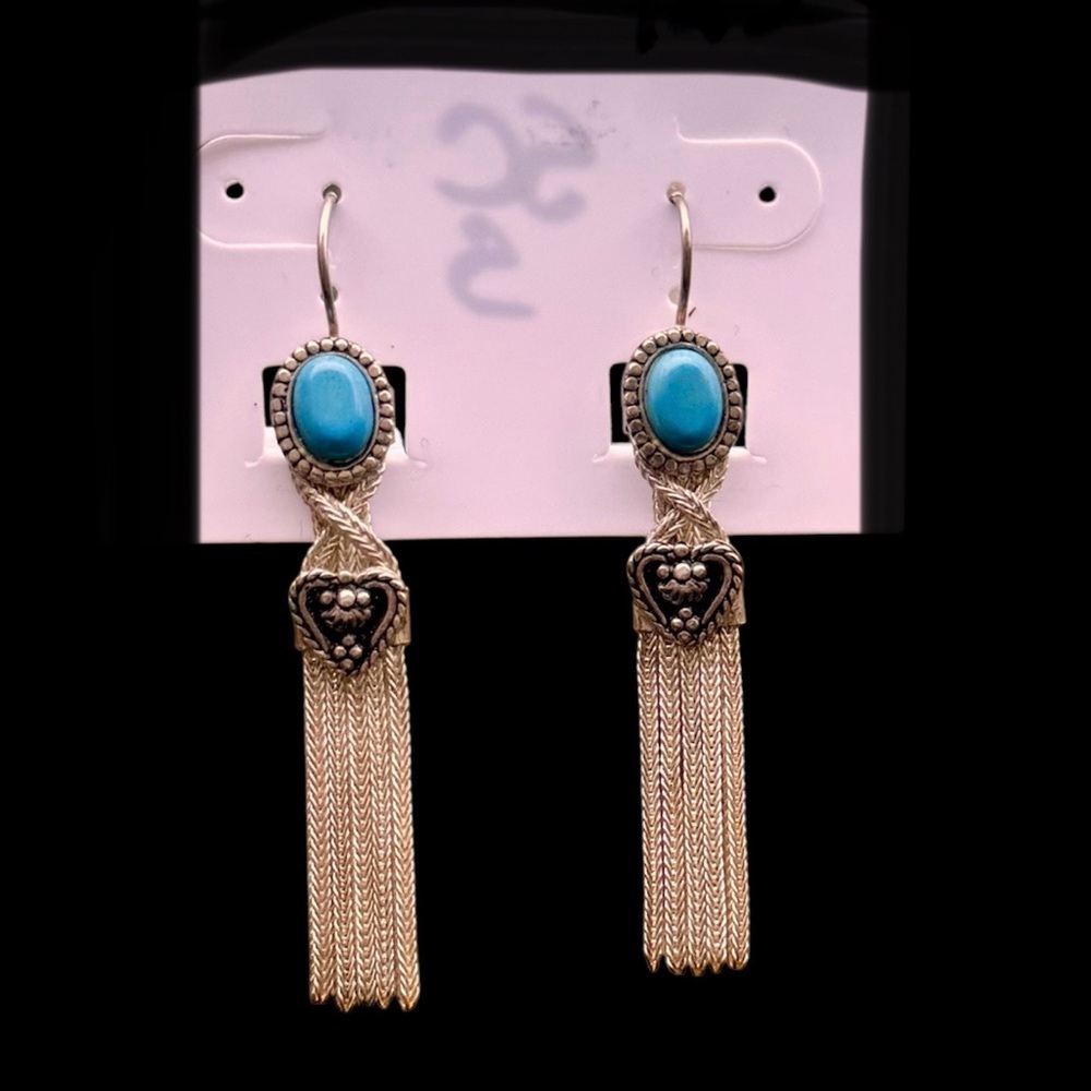Vintage 925 Heart Earrings Turkish Southwestern Chain Fringe Turquoise color